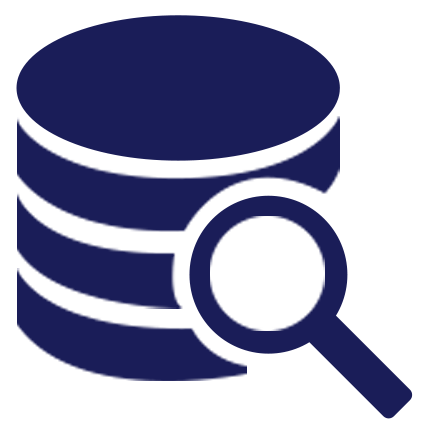 En blå ikon av en databas med ett förstoringsglas.
