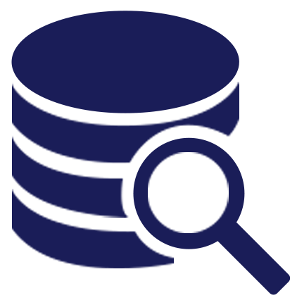 A blue icon of a database with a magnifying glass.